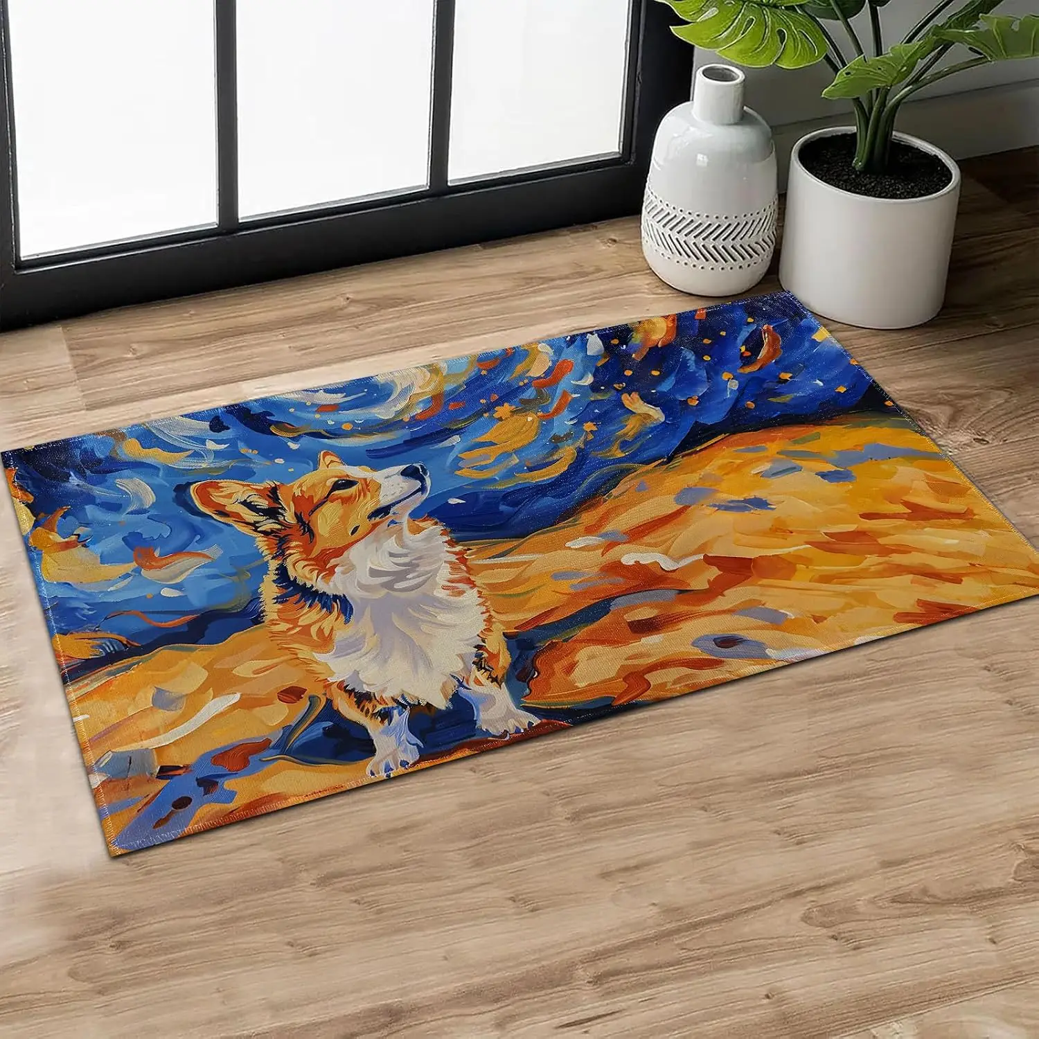 Vibrant Husky Dog Galaxy Landscape Print Area Rug Boho Polyester Mat for Living Room Decor Hallway Entrance Runner