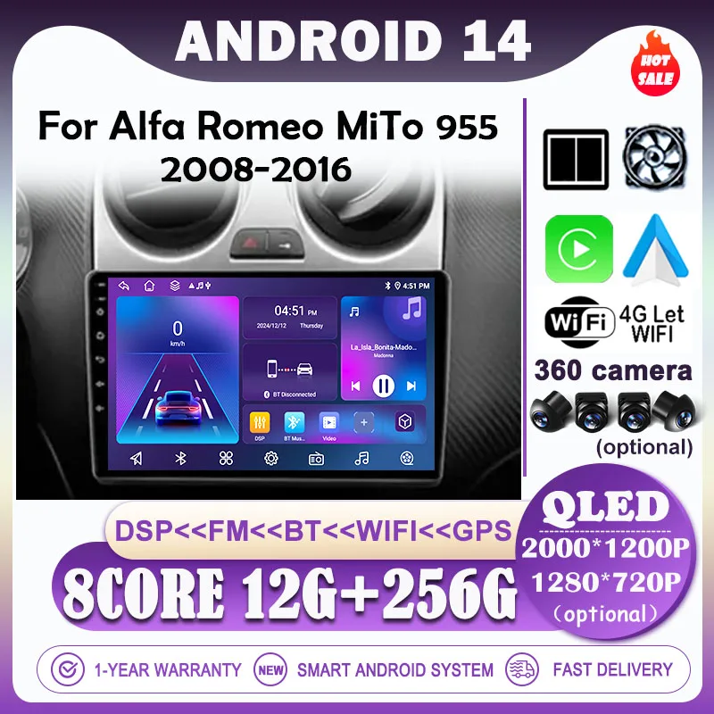 Android 14 Car Multimedia Player for Alfa Romeo MiTo 955 2008 - 2016 WIFI Carplay QLED Screen Radio Stereo GPS Navigation DSP