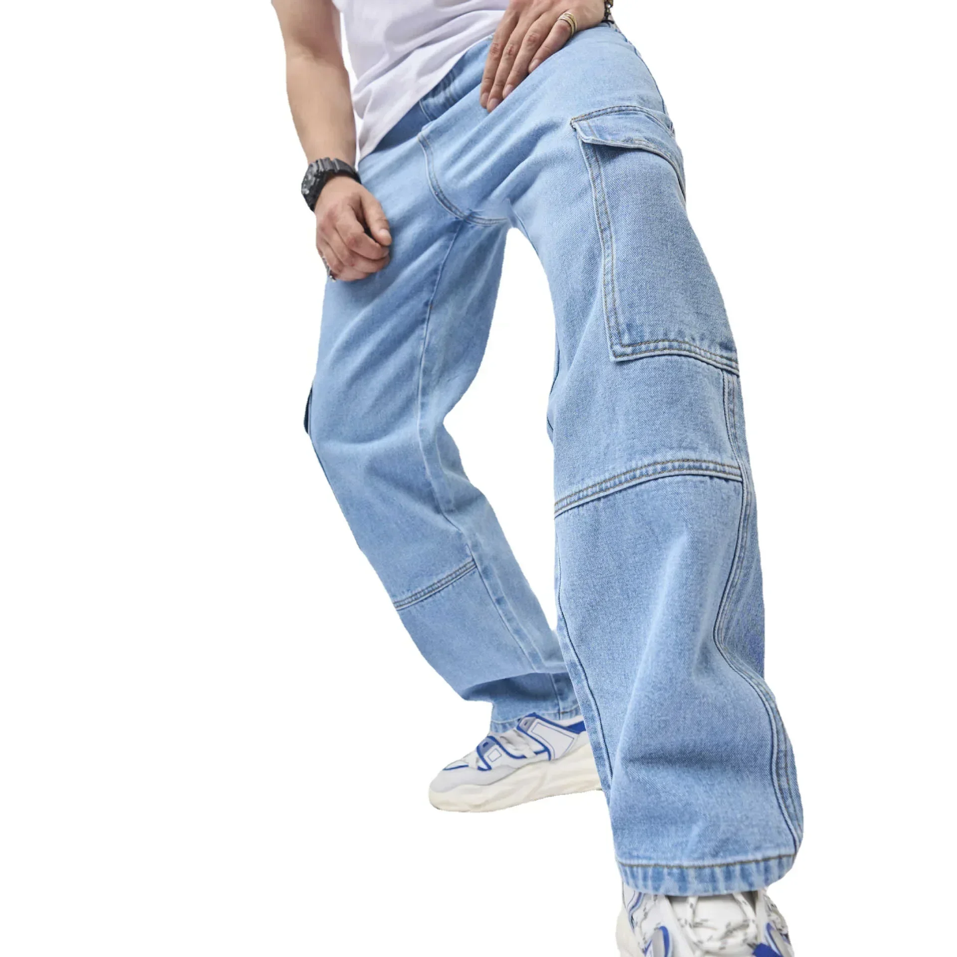 Denim Straight Ankle Length Pants Men Jean Washed Zipper Fly Jeans Loose Fit Solid Pockets High Street Vintage Spliced 2025