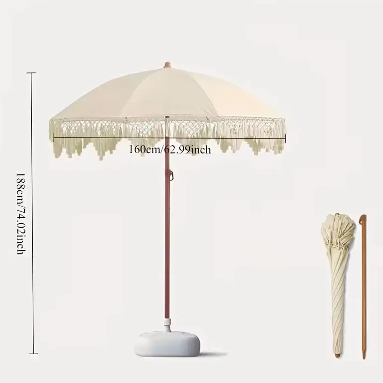 Large Bohemian Style White Patio Umbrella Swivel Height Adjustable with Crank Handle Triangle Tassel Design Portable Stand