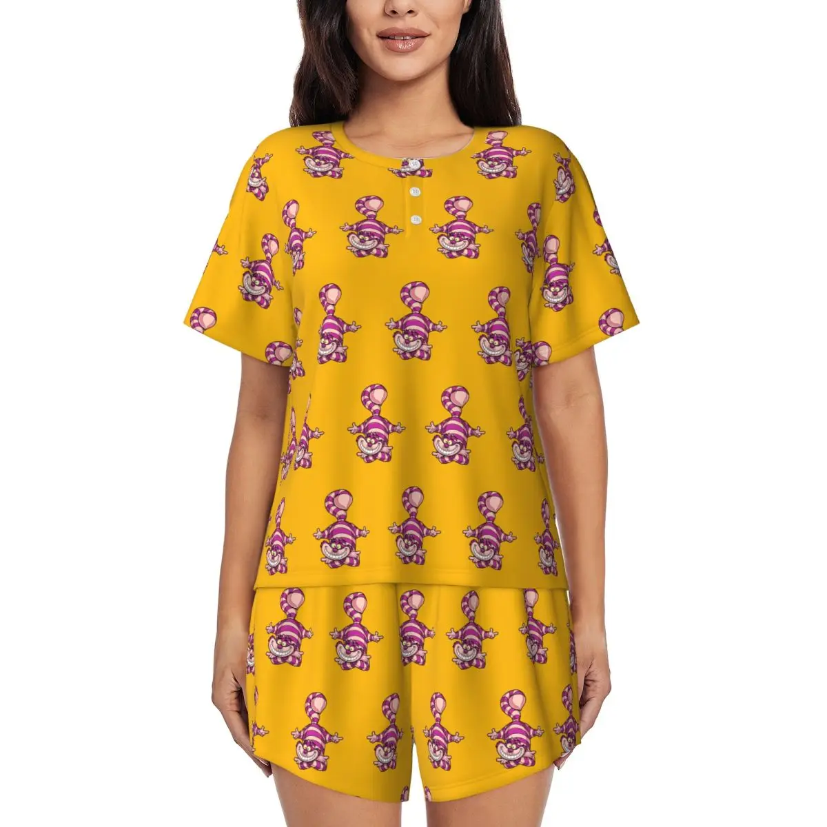 

Custom Print Women's Alice In Wonderland Cheshire Cat Pajamas Set Short Sleeve 2 Piece Sleepwear Pjs Lounge Sets