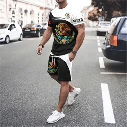 Men's Tshirt Set 3D Print Mexico National Flag Men Woman Round Neck T-Shirt Shorts Two Piece Set Oversize Casual Man Clothing