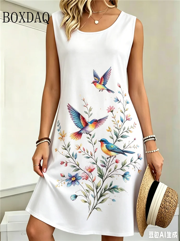 New 2026 Summer Dresses Women's Round Neck Sleeveless Floral Birds Printing Dress Casual A-Line Mini Dress Plus Size Sundress