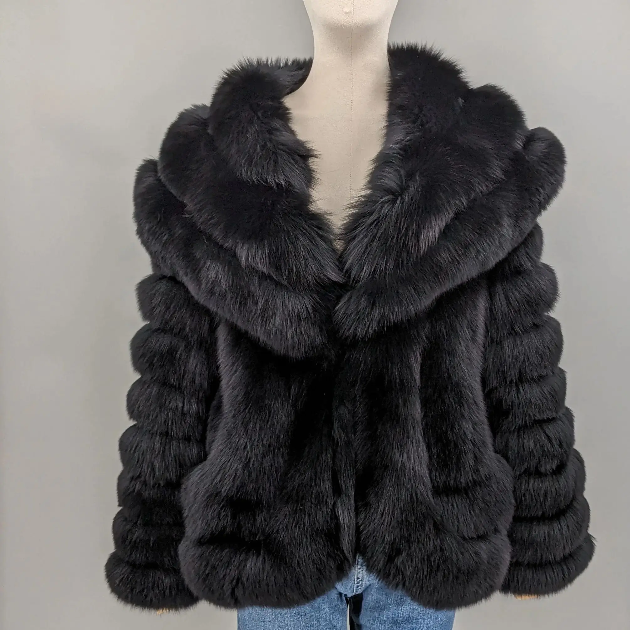 معطف فرو الثعلب الحقيقي مع سترة شتوية عصرية برقبة على شكل حرف V سميكة ودافئة فاخرة فروي 250450