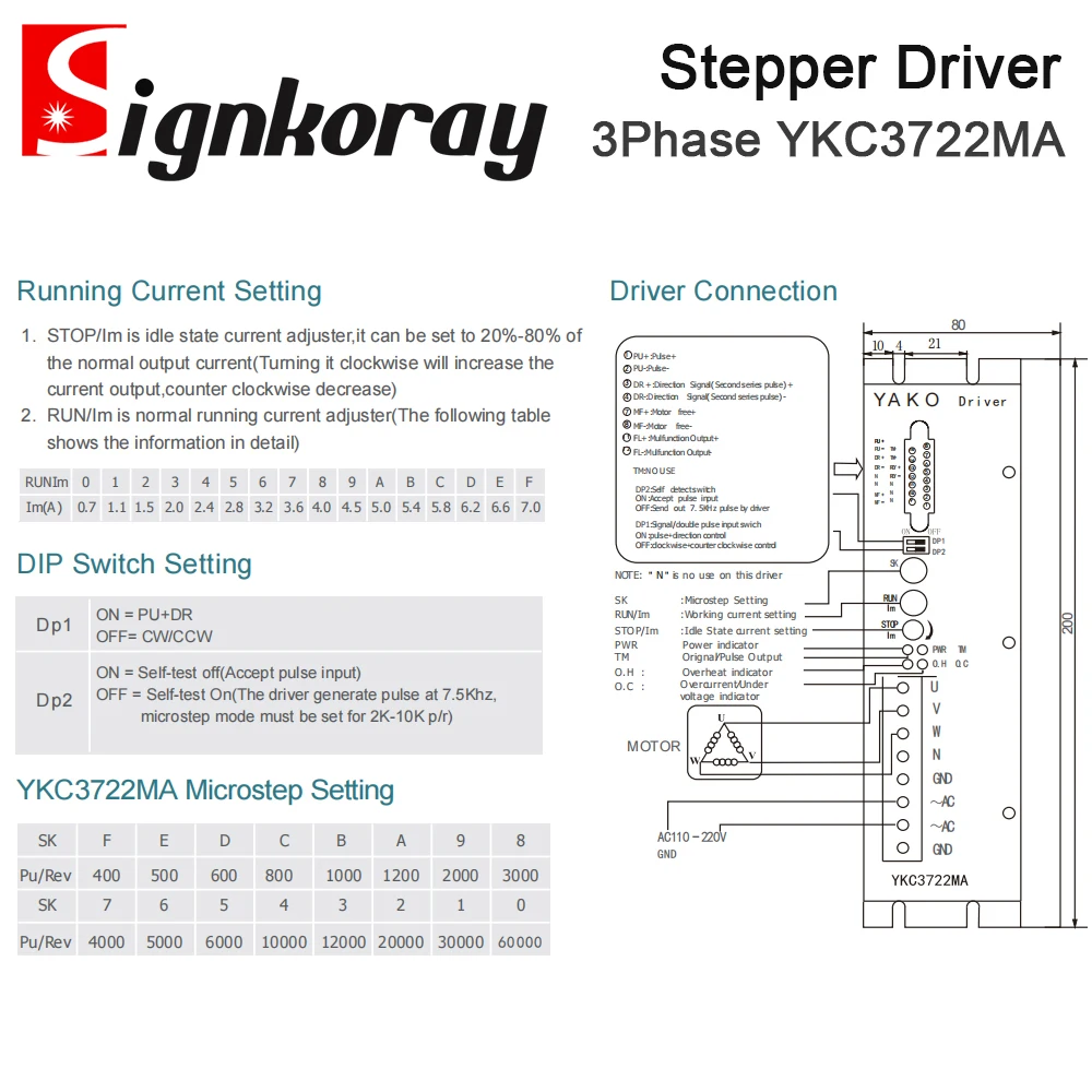 Драйвер шагового двигателя SignkoRay YAKO YKC3722MA 3-фазное напряжение 110-220 В переменного тока для станка для лазерной резки и гравировки CO2