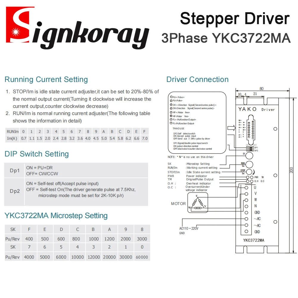 SignkoRay YAKO Stepper Motor Driver YKC3722MA 3Phase Inout Voltage 110-220VAC for Co2 Laser Cutting and Engraving Machine