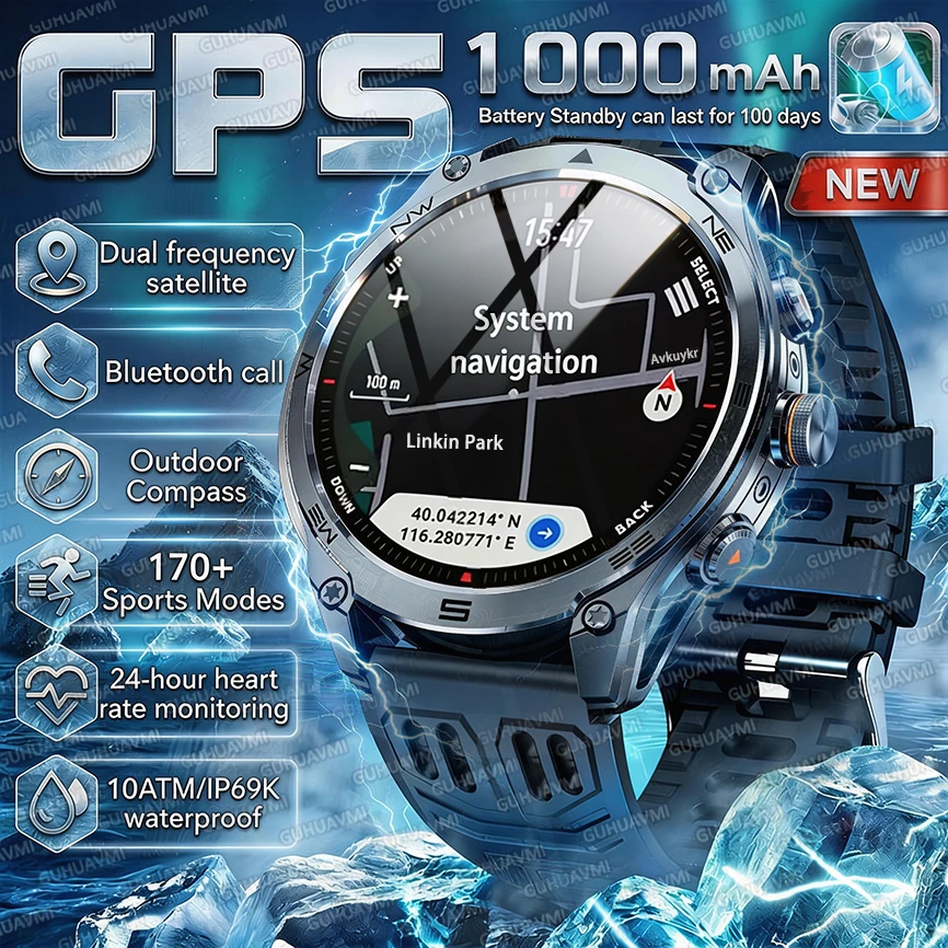2026 New GPS Map Navigation Smart Watch Men Outdoor Sturdy Durable 1000mAh Big Battery 10ATM Waterproof Swim 170+ Sport Watches