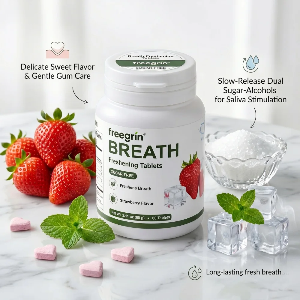 60 Capsules Sugar Free Breath Freshening Tablets , Xylitol Erythritol Mints , Strawberry Flavor , Travel Size , Freshens Breath