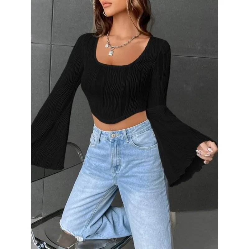 Summer Thin U-neck Top Water Ripple Slimming Crop Top Flared Long-sleeved T-shirt for Women Cross-border Amazon Women's Clothing