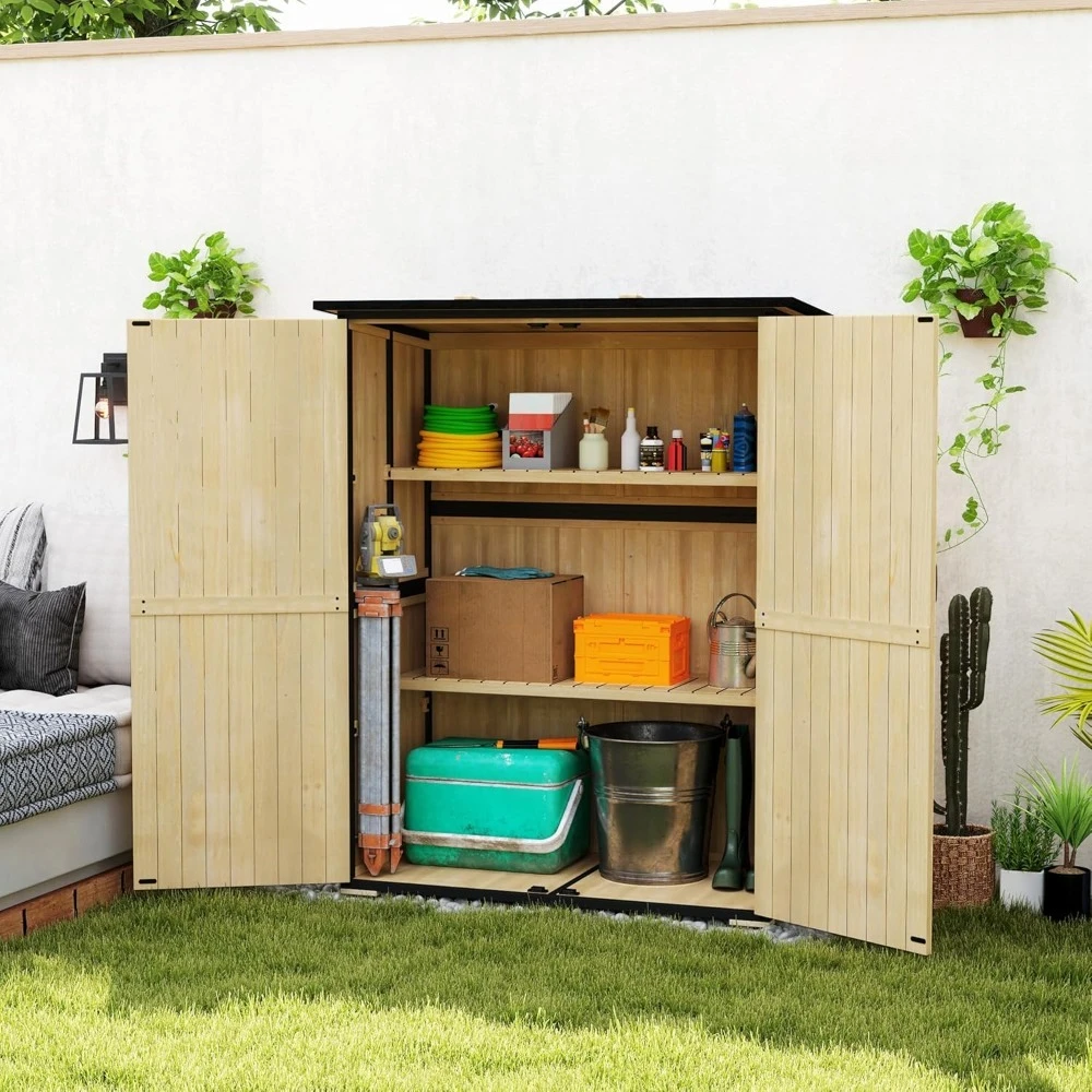 

Outdoor Storage Cabinet, Wood Garden Tool Shed with Steel Frame and Asphalt Roof, Garden Storage Shed with 2 Shelves