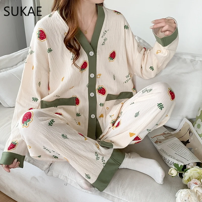 SUKAE Texture Sensation Crepe Cotton Women Pijamas Spring Autumn Kimono V-neck Girls Pajamas Lapel Long Sleeves Lady Homesuits