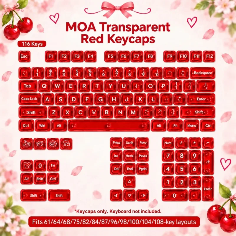 Red Fully Transparent PC Keycaps MOA Profile Green Blue White Cute Custom Key Caps for 60% 75% TKL 96% 100% Mechanical Keyboard