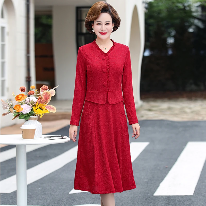 Mom Fake Two Pieces Dress Women Agaric Hem Lady Elegant Long Sleeve Party Dress Spring Casual A-line Dress