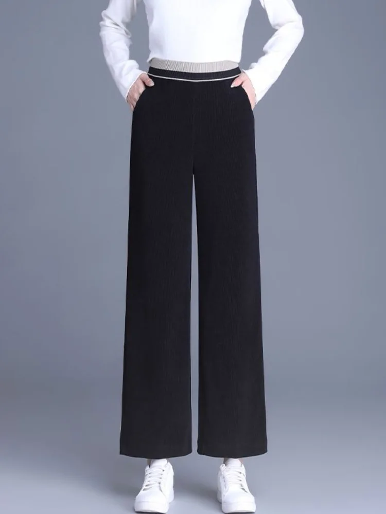 Pantalon élastique épais et chaud pour femmes, Baggy décontracté, Patchwork, mode, ample, taille haute, jambes larges, droit