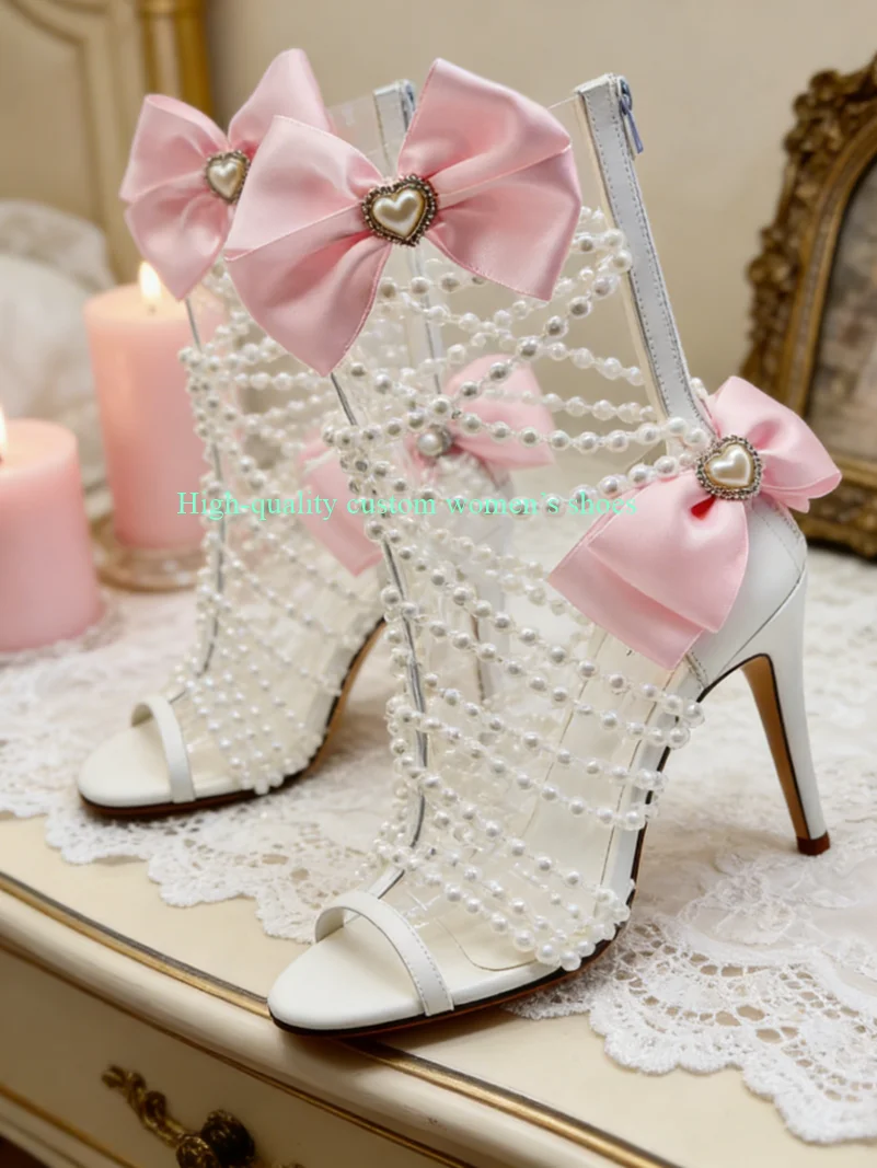 Transparent Round Toe String Of white Pearls Women's Summer Ankle Boots Pink Bow Decoration Luxury Women's Shoes For Banquets