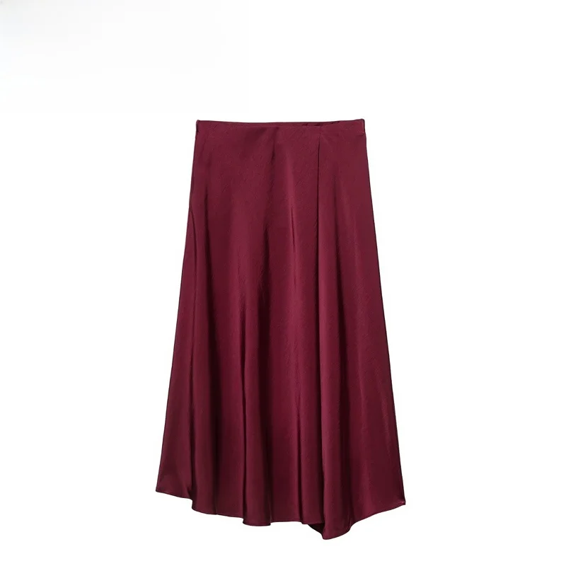 Fashionable Silk Satin Double-Breasted Midi Skirt Women's Standard Fit A-Line Skirt Polyester Fiber Iron-Free Processing