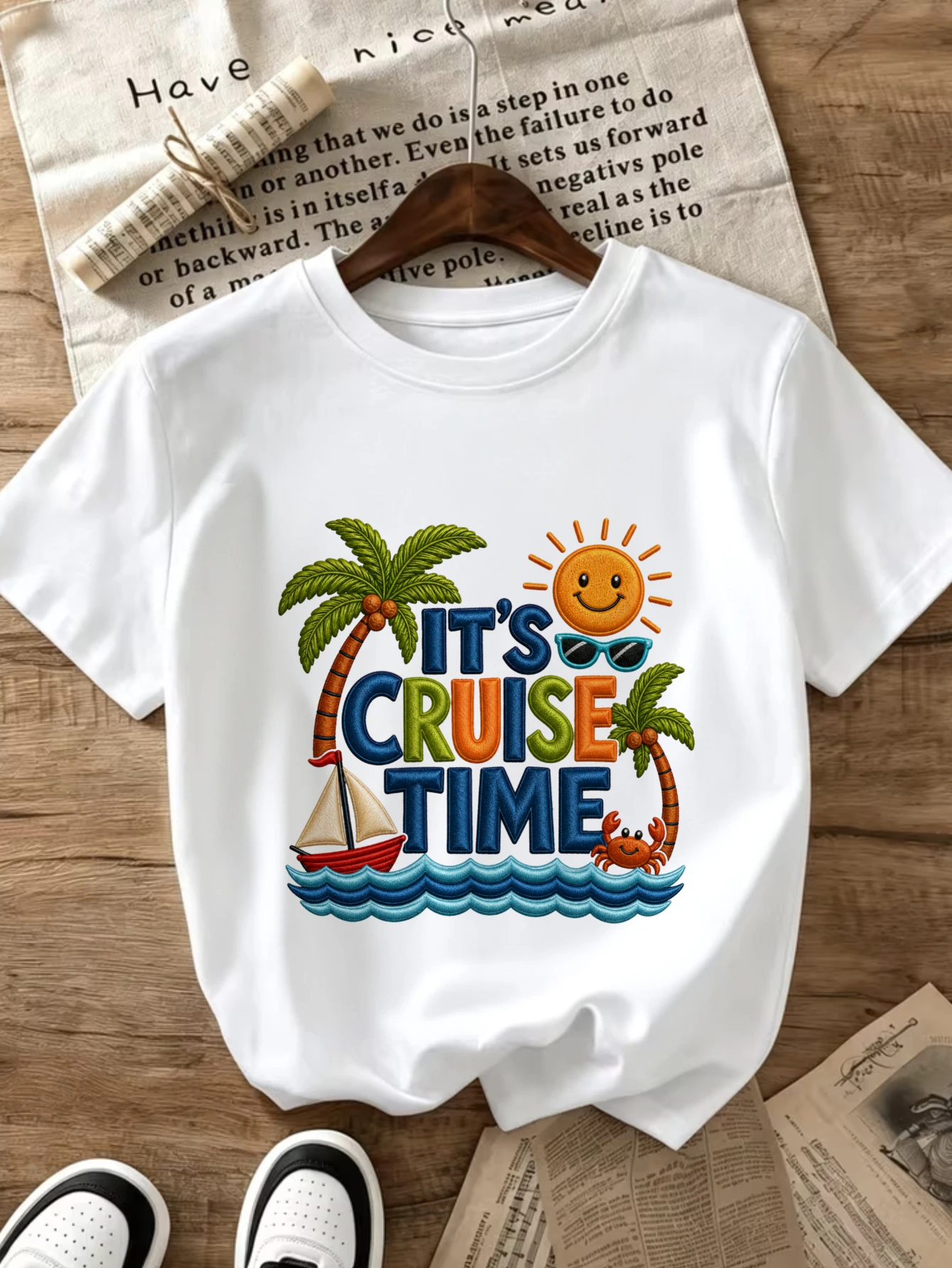 Vintage Tee, Women's Round Neck T-shirt, Spring Summer Fall Casual Suitable for Travel, It's Cruise Time Palm Tree Sun Sailboat Ocean Wave Graphic, A Stylish And Casual Choice, Attitude T-shirt, Local Delivery