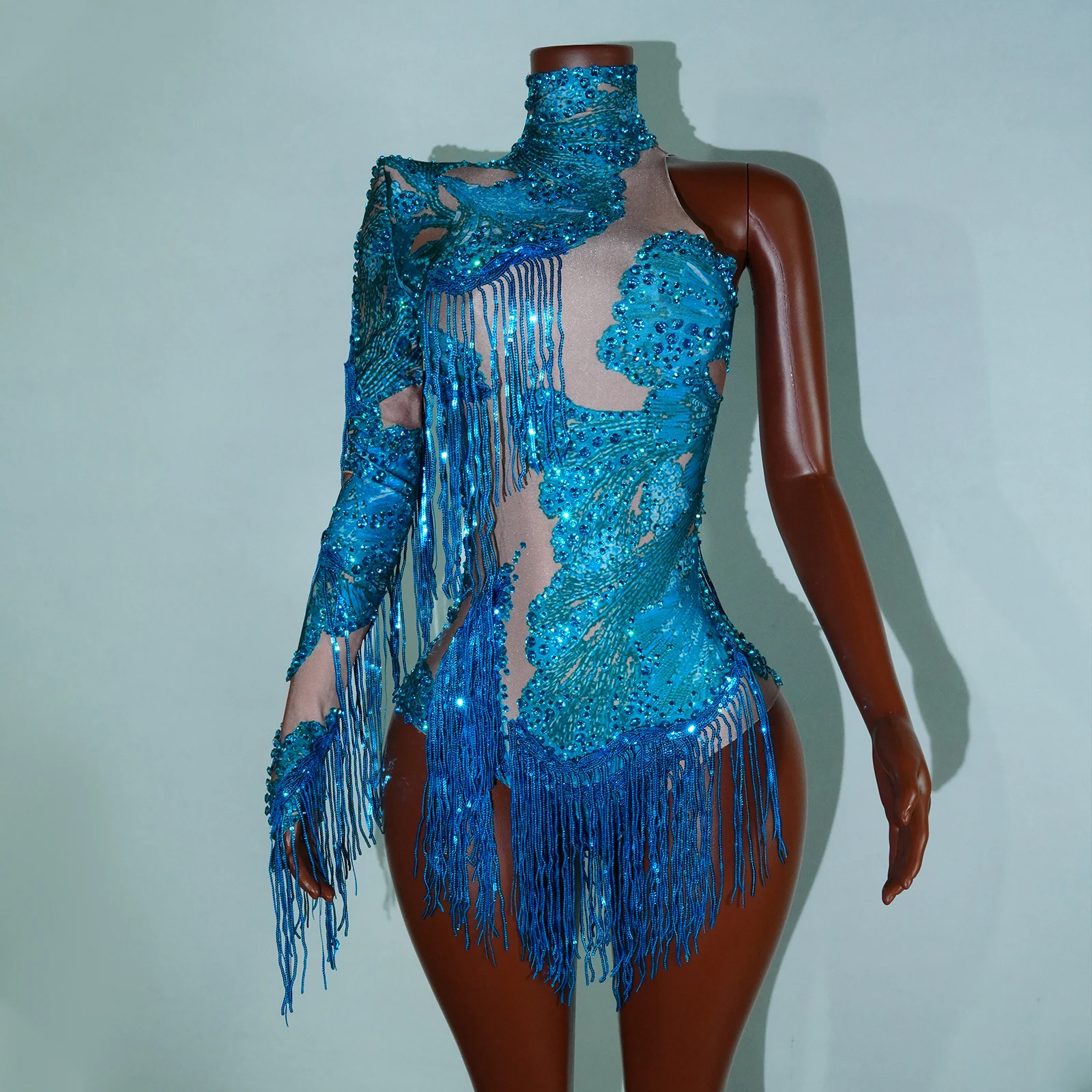 

Sexy Skinny Leotard Singer Dancer Show Stage Wear Sparkly Blue Rhinestones Women Dance Costume Fringes One Shoulder Bodysuit