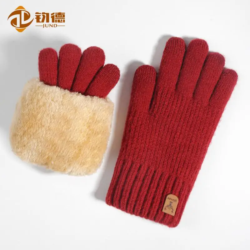 5pair-chinese-red-double-layer-ladies-touch-gloves-winter-warm-cold-proof-fleece-thickened-knitted-velvet-padded-high-quality