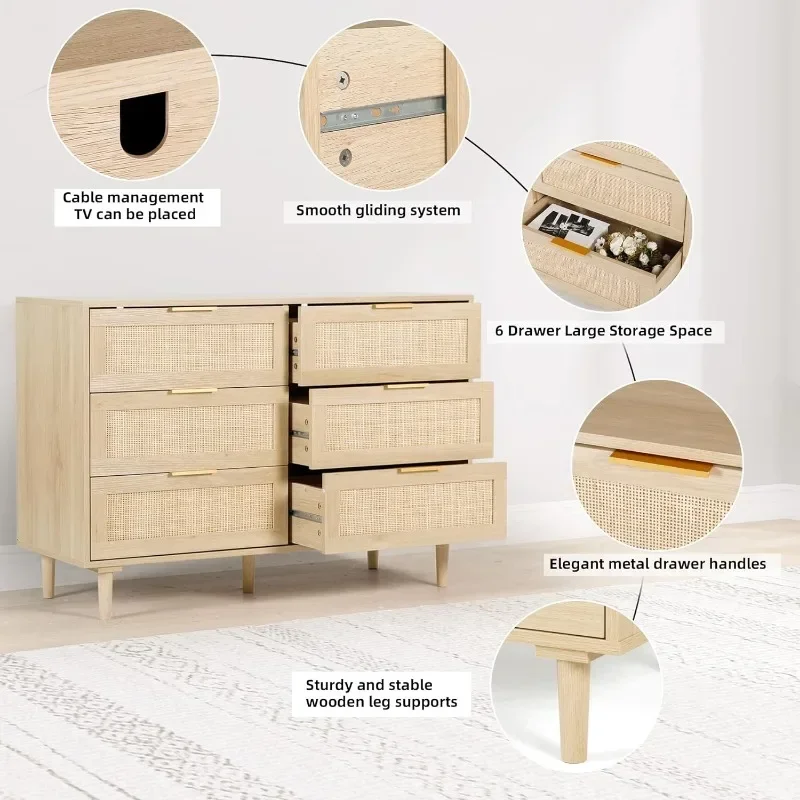 Rattan Kommode für Schlafzimmer, moderne Doppel kommode mit 6 Schubladen und goldenen Griffen, Kommode aus Holz für Kinderzimmer