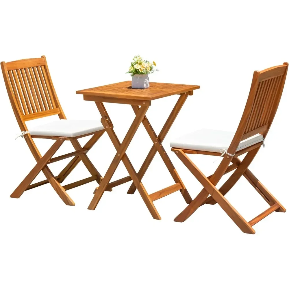 

3 Piece Folding Patio Chairs Outdoor Acacia Wood Bistro Set with Cushion Square Table and Chairs Porch Furniture for Balcony