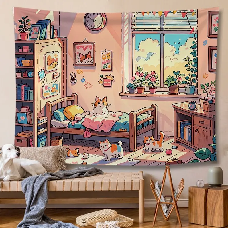 VIKAMA Warm Tone Japanese Cat Tapestry Sunshine Bedroom Cute Pet Background Cloth ins Dormitory Decoration Tapestry Room Decor