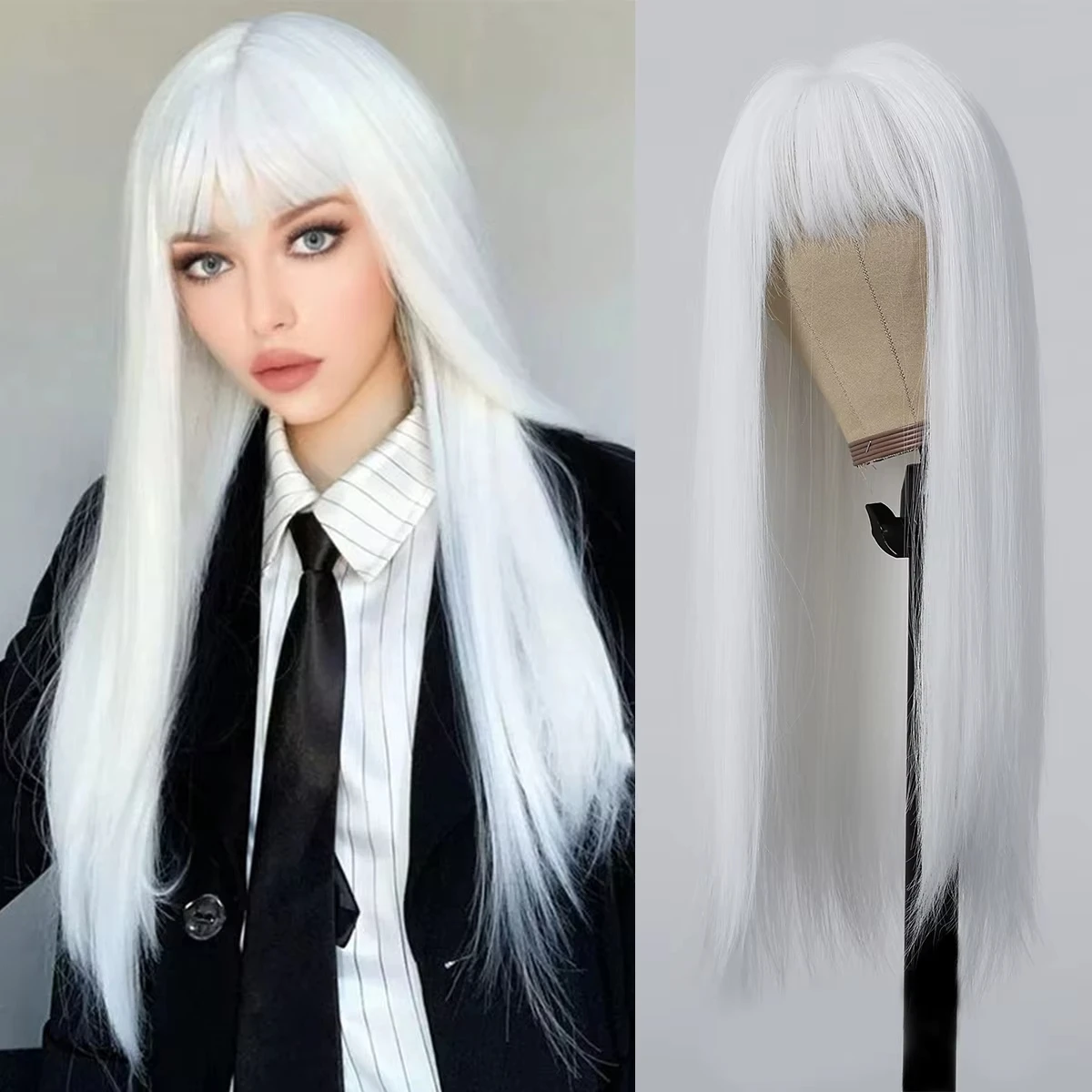 

26-inch synthetic wig - white long straight hair - Halloween cosplay hair - daily wig - high-temperature hair band