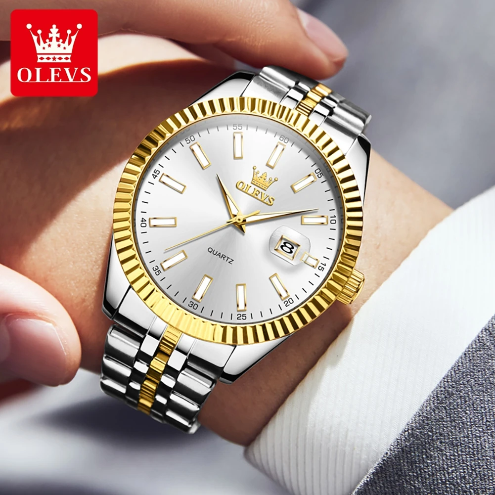OLEVS Mens Business Quartz Watch Stainless Steel Gold Watch Luxury Classic Waterproof Luminous Calendar Male Wristwatch 5593