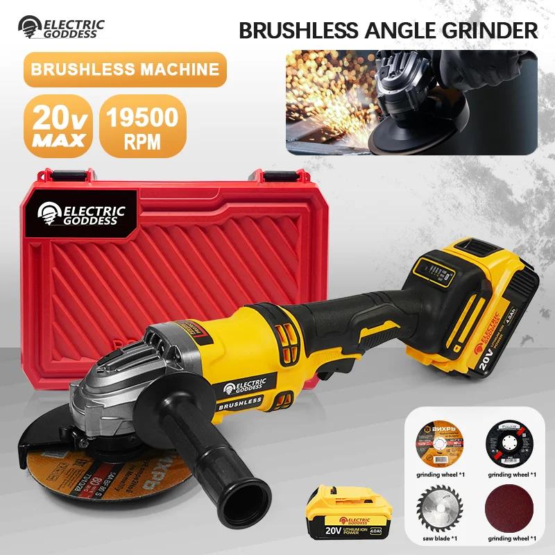 EGOD 125mm Brushless Angle Grinder 19500RPM High RPM Polisher Cutting Machine Power Tool Set for Dewalt 20V Battery