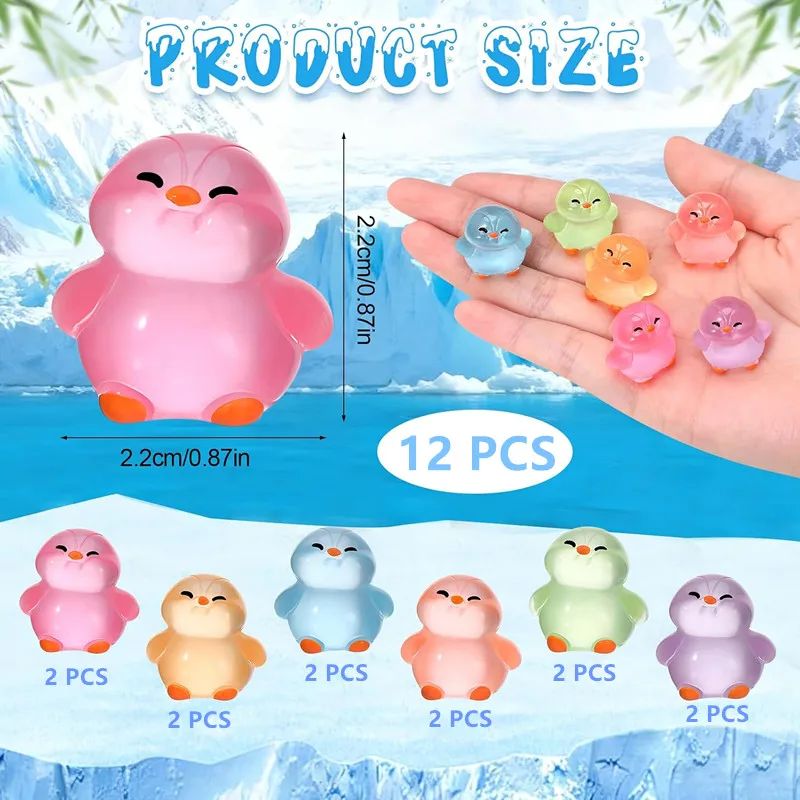 12Pcs Luminous Resin Penguin Figurines,6 Colors Mini Tiny Penguin Miniatures for Garden Dollhouse Aquarium Tabletop Potted Decor