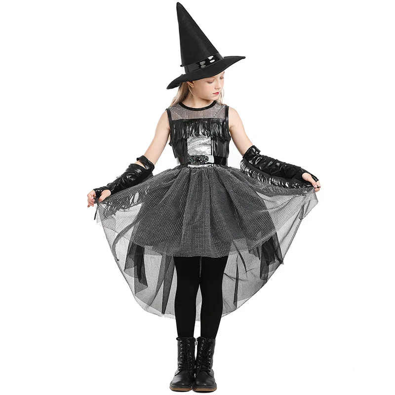 

Gothic Crow Witch Costume Girls Black Tailcoat Dress Halloween Performance Outfit Sleeveless Tutu Gown Witchcraft Party Uniform