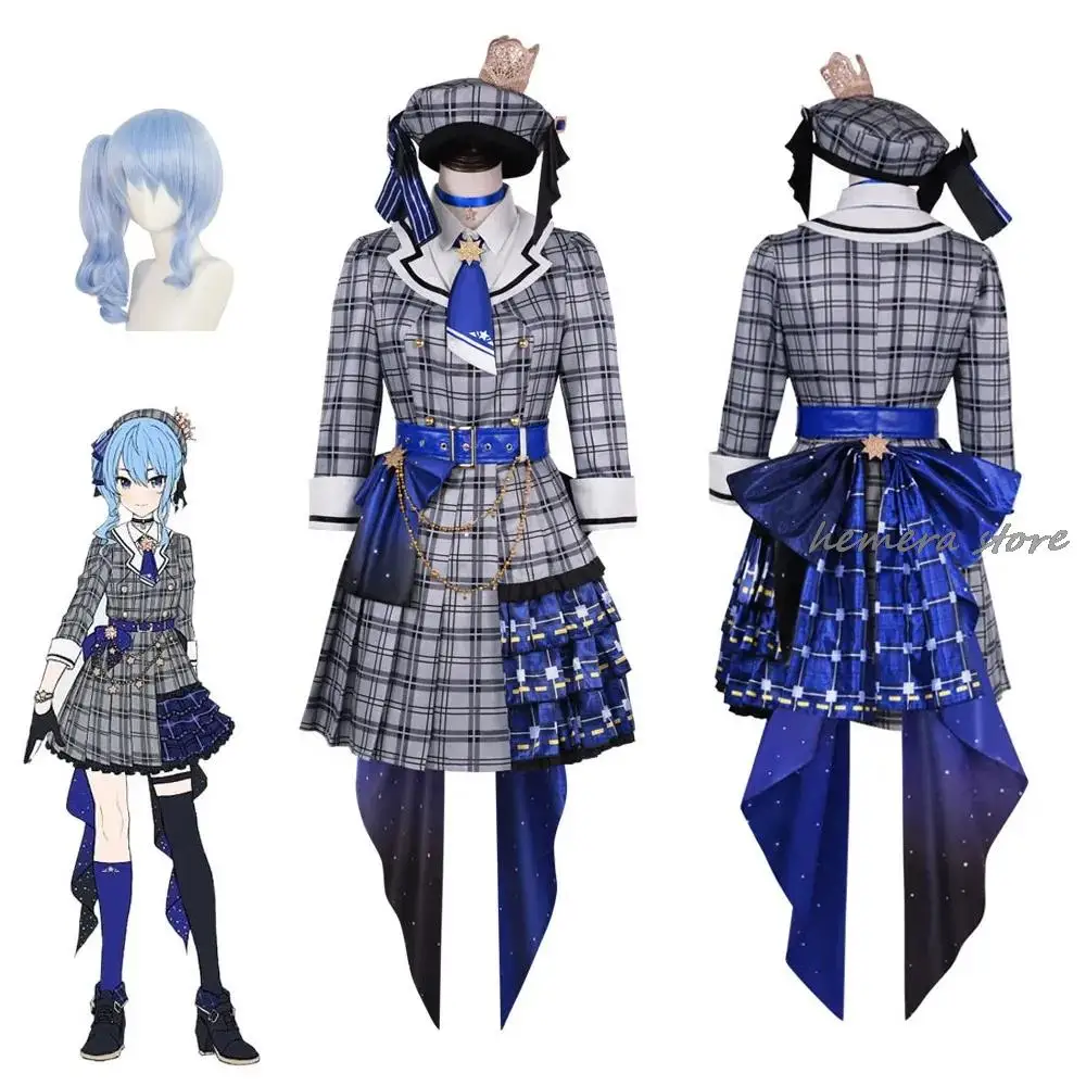 YouTuber japonais Virtural Hololive Anime Cosplay Costumes, Hoshimachi, Hosimaiss, Suisei Outfits, Cute Girl, Lolita Plaid fur s, 2 Wig