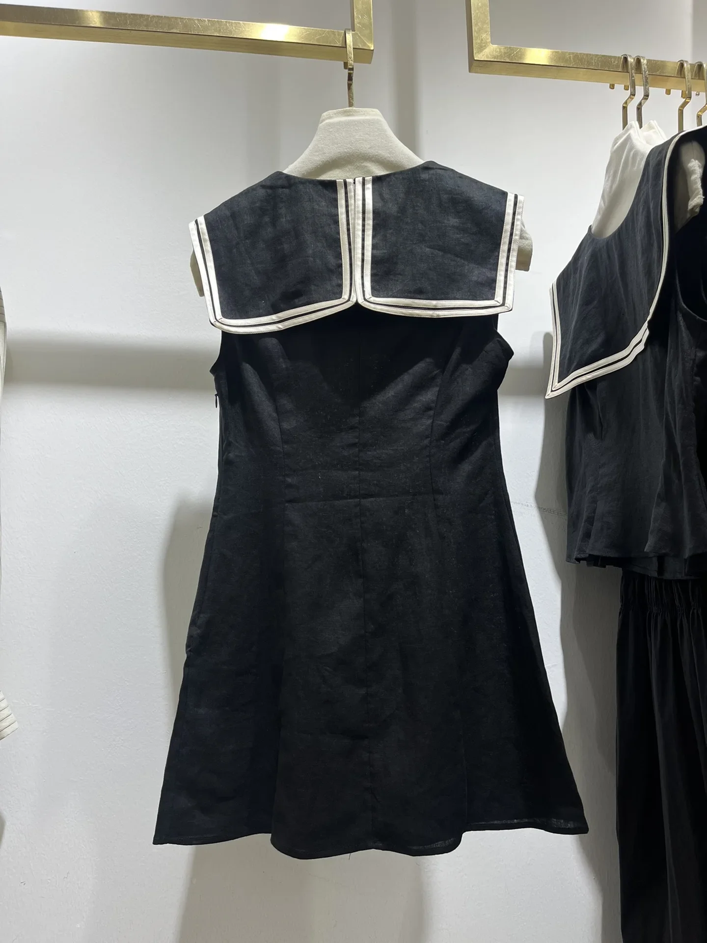 Vestido corto de lino sin mangas para mujer, minivestido elegante de cintura alta con cuello marinero para verano