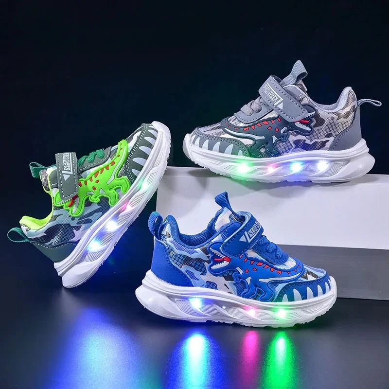 

2025 Spring New Cartoon Boys Dinosaur Sneakers, Leather Dad Shoes with Light Up for Toddlers