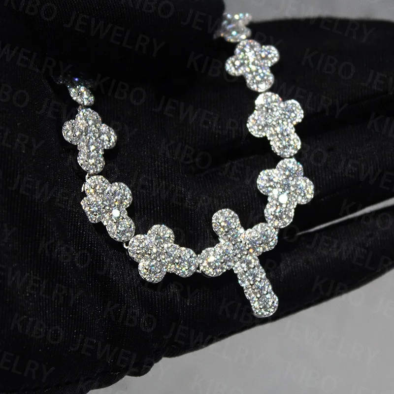 Iced Out Hip Hop Jewelry Cross Moissanite Pendant Necklace Silver Cuban Link Chain