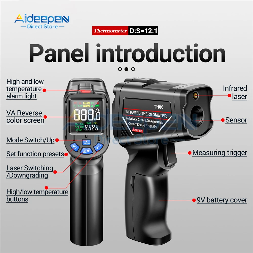 TH06 Cyfrowy termometr na podczerwień -20~750℃ Laserowy termometro Pirometr Pistolet Bezdotykowy laserowy miernik temperatury Narzędzia