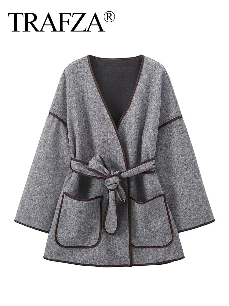 TRAFZA 2024 Woman Grey Wool Coat Women Patchwork V-Neck Belt Pockets Long Sleeves Slim Cardigans Coat Retro Street Windbreaker