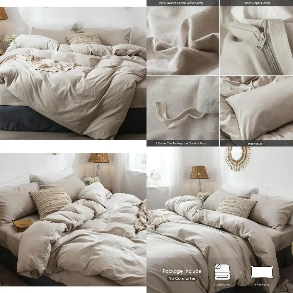 

Комплект пододеяльников из 100% хлопка и льна — стираная текстура, дышащая, прочная, мягкая и удобная — исчезаный светло-коричневого льна для кровати