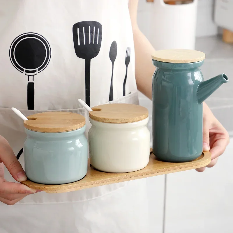 Nordic Minimalist Ceramic Household Kitchen Seasoning Pot Combination Set Salt Shaker Jar Condiment Box