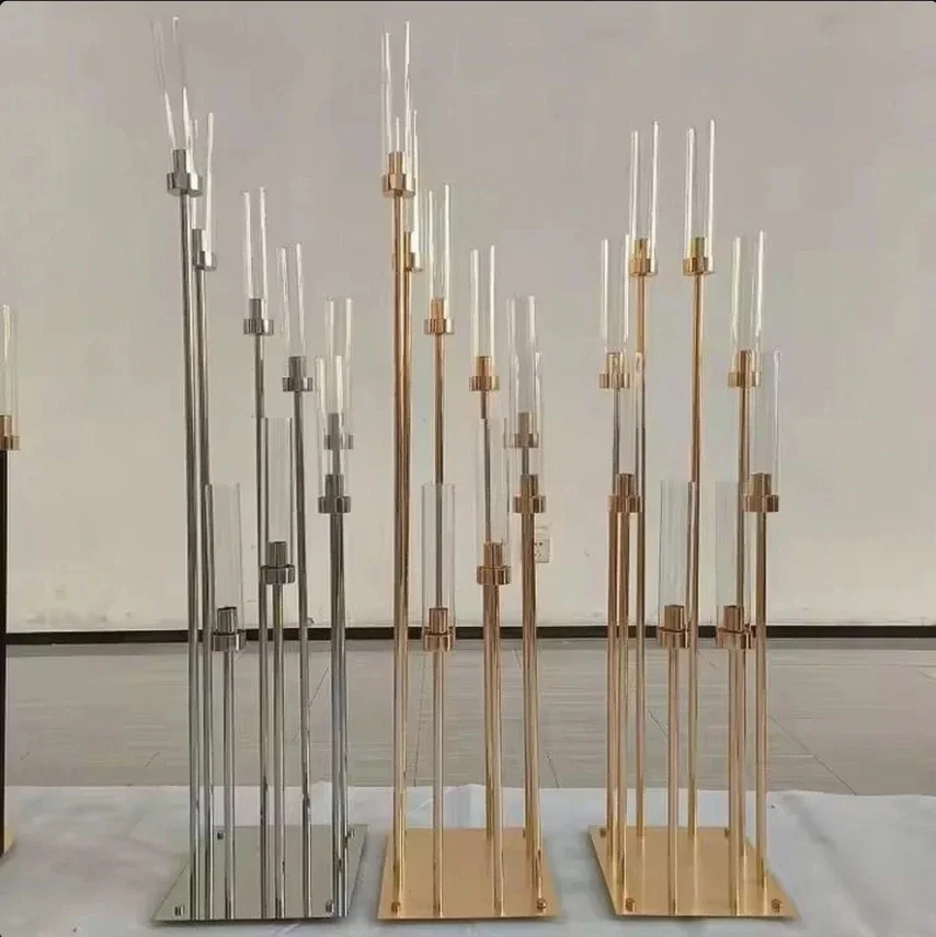 5/10 Pcs 8 Heads Metal Candelabra Candle Holders Road Lead Table Centerpiece Gold Candelabrum Stand Pillar Candlestick Wedding