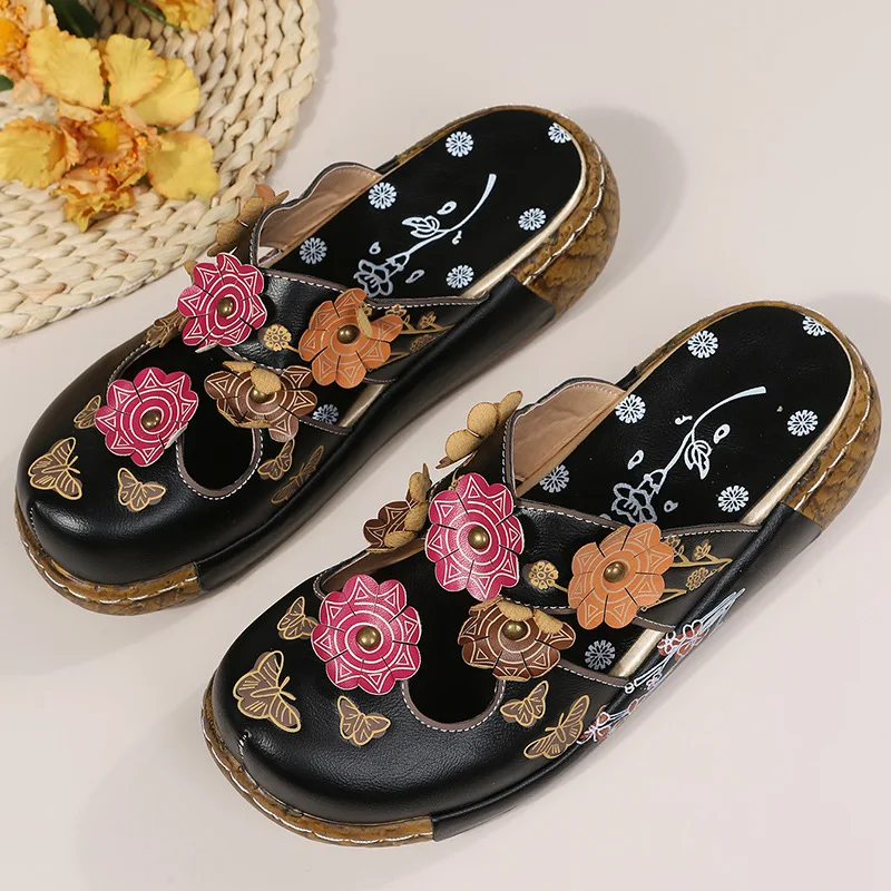 2024 Summer New Baotou Ethnic Slippers Bottom Flower Handmade Thick Sole Retro Women\'s Platform Sandals Zapatillas Mujer