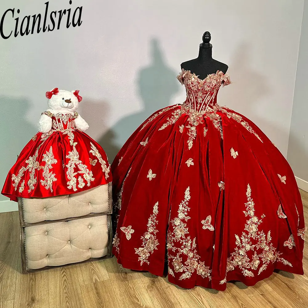 

Красное Атласное Платье-бабочка с 3D эффектом, бальное платье, с открытыми плечами, с золотистой аппликацией, кружевной корсет, 15 лет