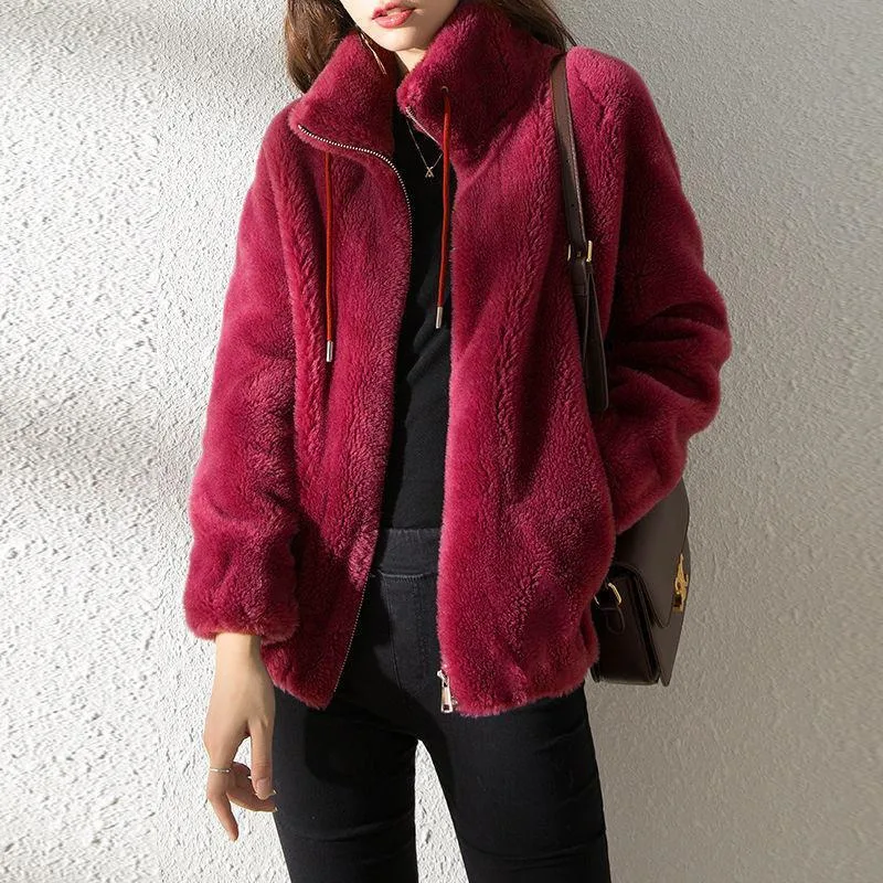 2022 Winter Women's High Quality Plush Thick Warm Faux Fur Coat Casual Loose Stand Collar OverCoat Female Zip Up Cardigan Jacket