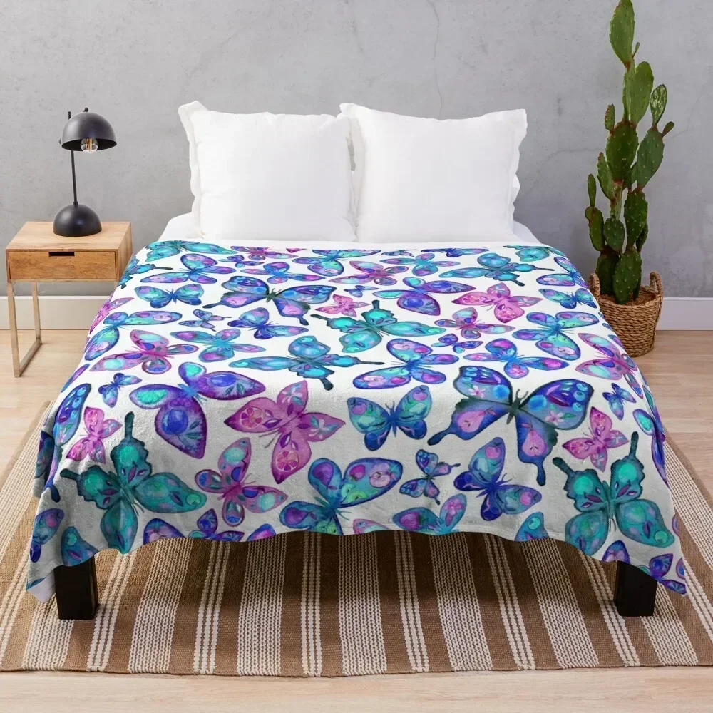 

Watercolor Fruit Patterned Butterflies - aqua and sapphire Throw Blanket Soft Plush Blanket as Housewarming Gift