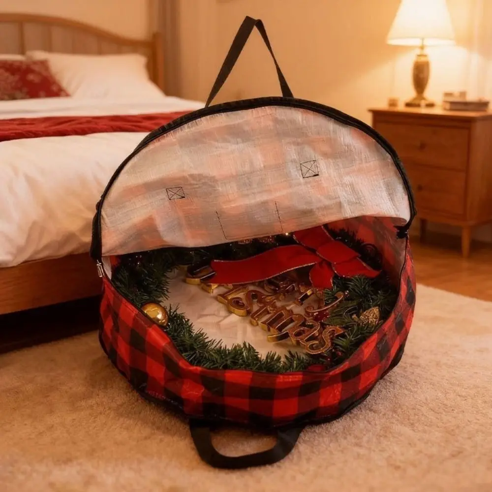 

Stackable Plaid Christmas Wreath Storage Bag Large Capacity with Zipper and Handles Christmas Garland Packing Bags Waterproof