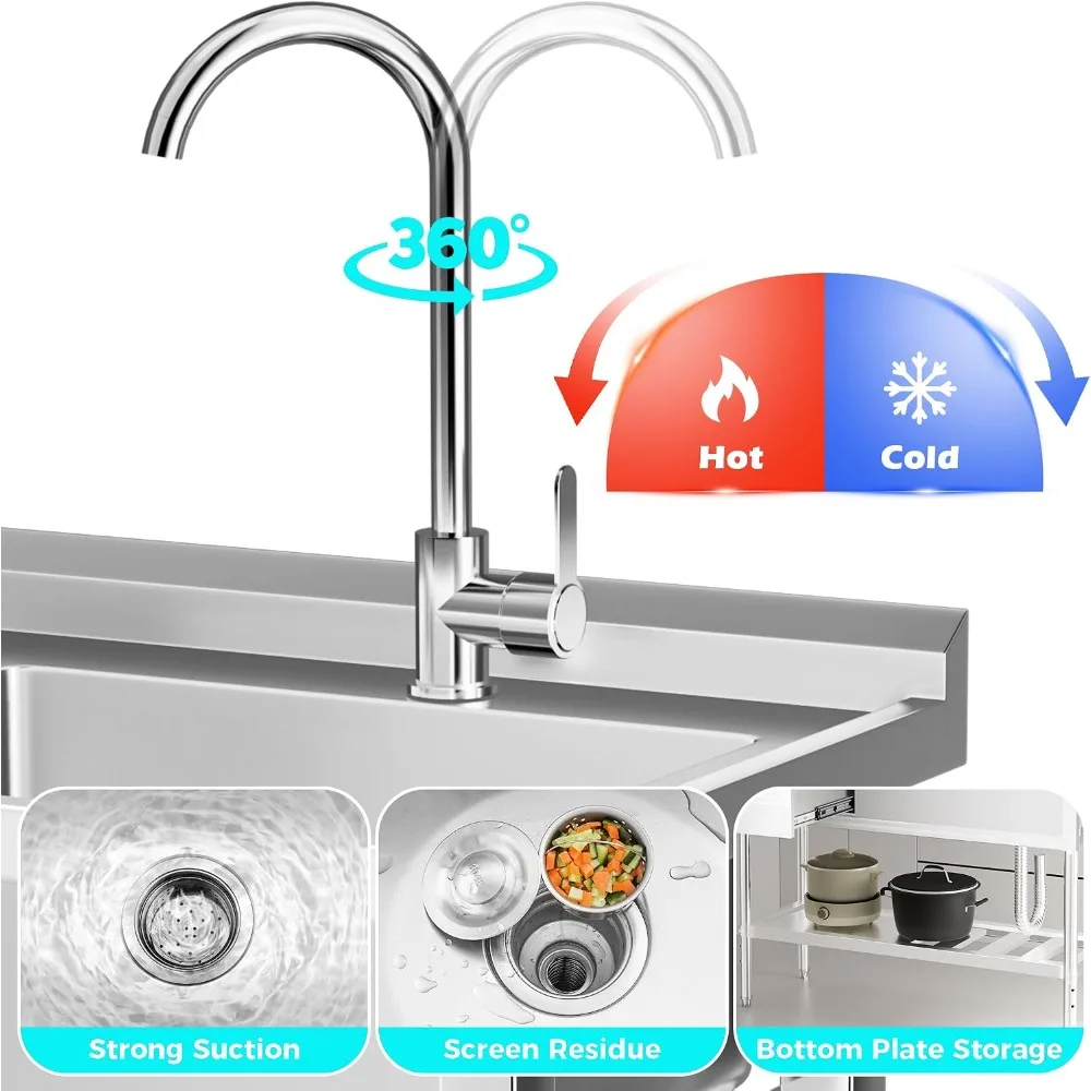 304 Stainless Steel Free-Standing Kitchen Sink with Workbench, Drawer, Hot/Cold Water for Laundry