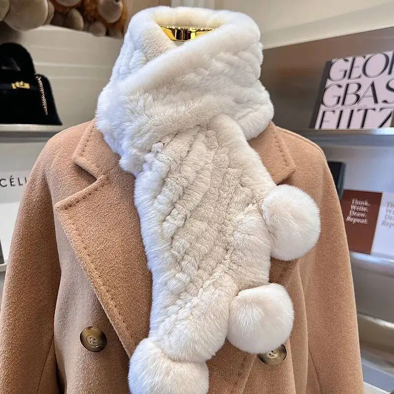 

Шарф из натурального меха кролика рекс для женщин, двусторонний утолщенный меховой шарф для шеи, шарфы из натурального меха с шариковым меховым шарфом, женский