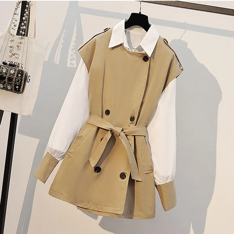 

Office Ladies Temperament Top 2pcs Sets Tie Waist Trench Coat Vest +White Shirt Stitching Sleeves Women Korean Fashion Suit 2024