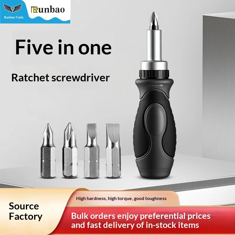 Runbao Ratchet Screwdriver Set 5 In 1 Interchangeable Bits Dual Direction Repair Tool For Electrician Mechanic