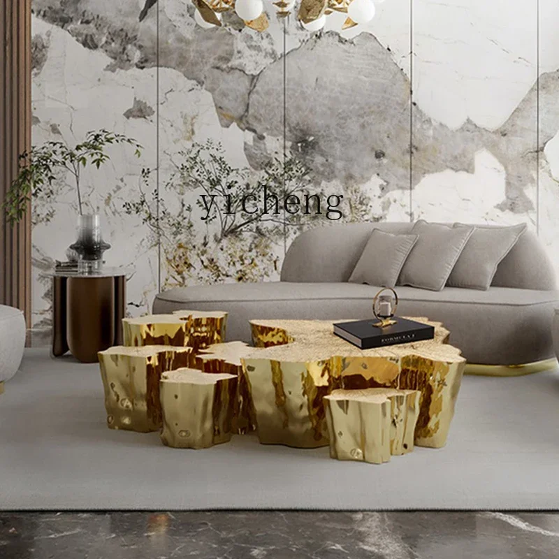 

TQH light luxury tree root coffee table etching stainless steel advanced feeling new high and low combination side table